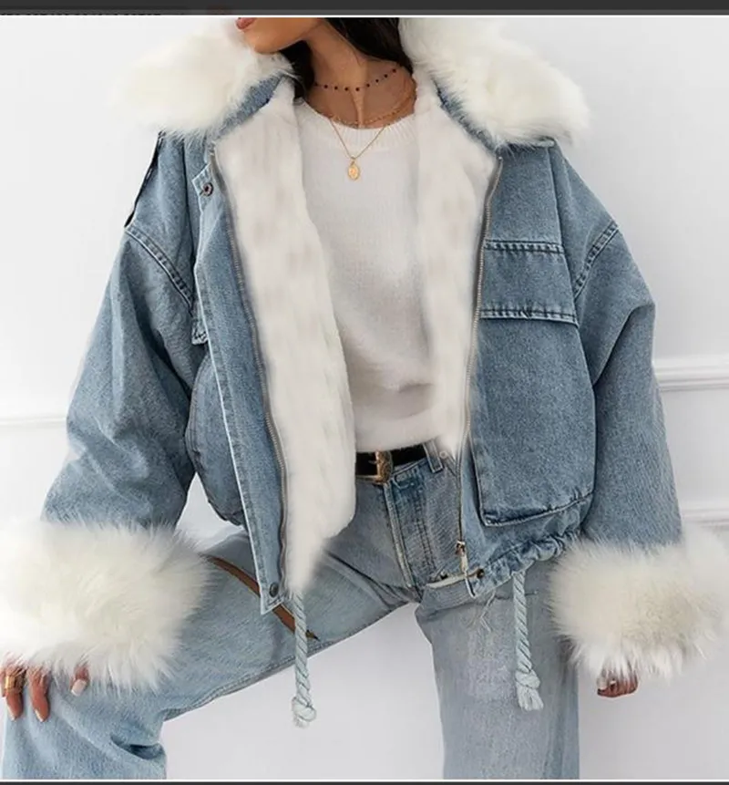 Women Winter Plush Collar Denim Jacket Street Hipster