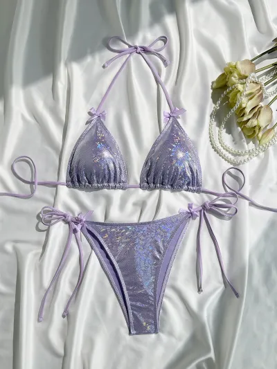 Women Sexy Solid Color Bow Bikini Beach Vacation Swimwear