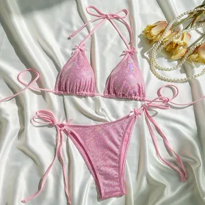 Women Sexy Solid Color Bow Bikini Beach Vacation Swimwear
