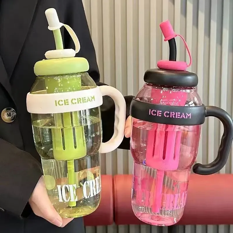 Creative Summer Water Cup With Straw Big Belly Tea Cup 1300ml PC Material Letter Pattern Two-Piece Set