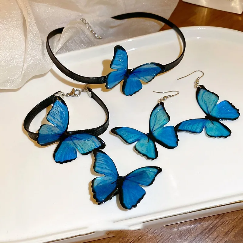 Princess Style Gradient Blue Butterfly Earrings Bracelet Choker Necklace Set