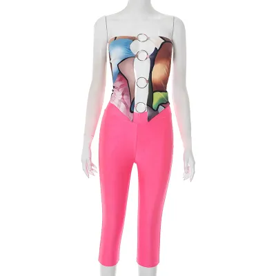 Women Fashion Sexy 3D Printed Ring Stitching Hollow-Out Tube Top Tight Pants Two-Piece Set