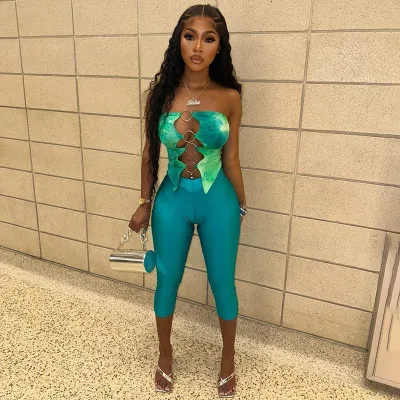 Women Fashion Sexy 3D Printed Ring Stitching Hollow-Out Tube Top Tight Pants Two-Piece Set