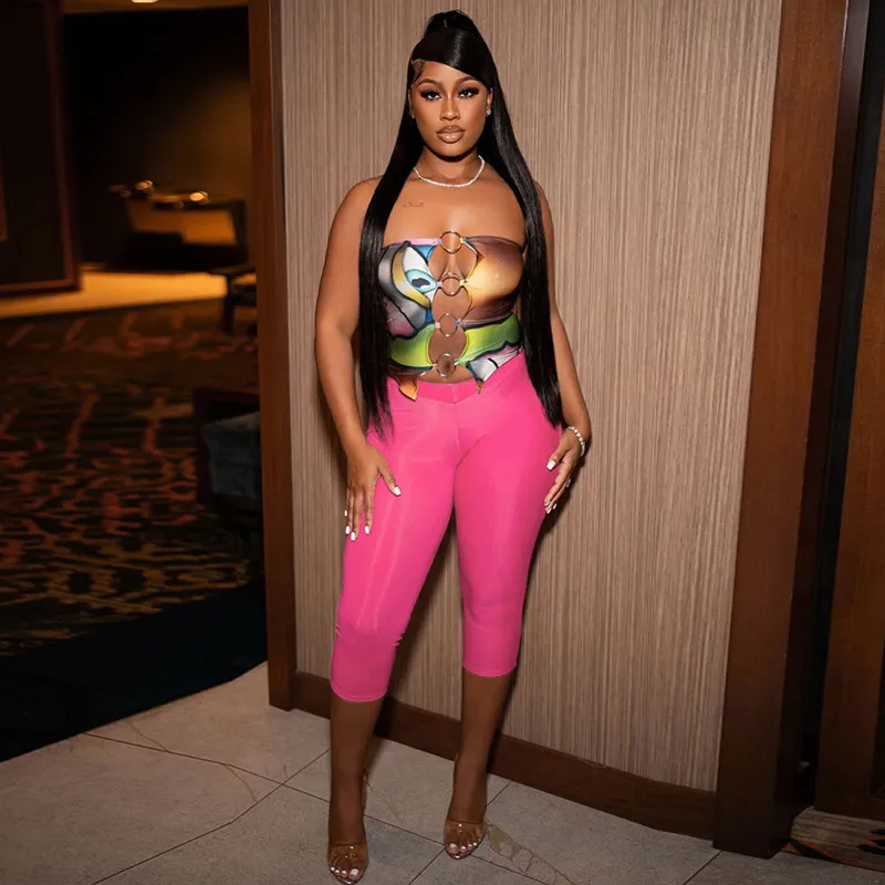 Women Fashion Sexy 3D Printed Ring Stitching Hollow-Out Tube Top Tight Pants Two-Piece Set