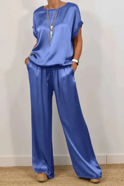Women Fashion Solid Color Loose Short-Sleeve T-Shirt Wide Leg Pants Two-Piece Set