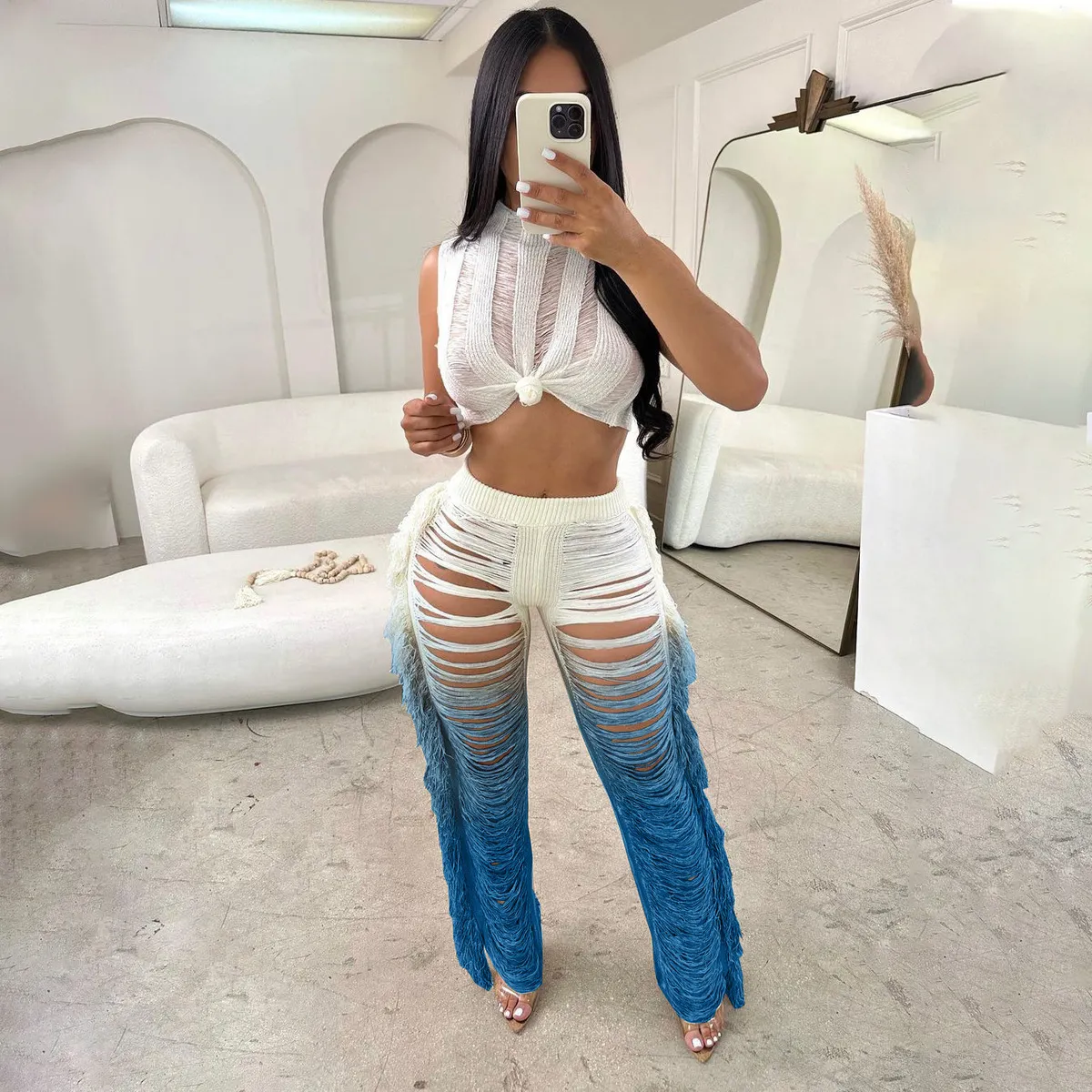 Women Fashion Sexy Contrast Color Hollow-Out Crop Top Tassel Pants Two-Piece Set