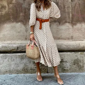 Women Casual Printed V-Neck Long-Sleeve Loose Midi Dress