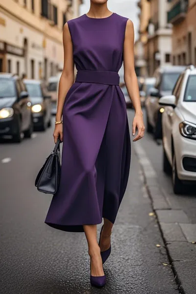 Women Casual Solid Color Round Neck Sleeveless Irregular Midi Dress