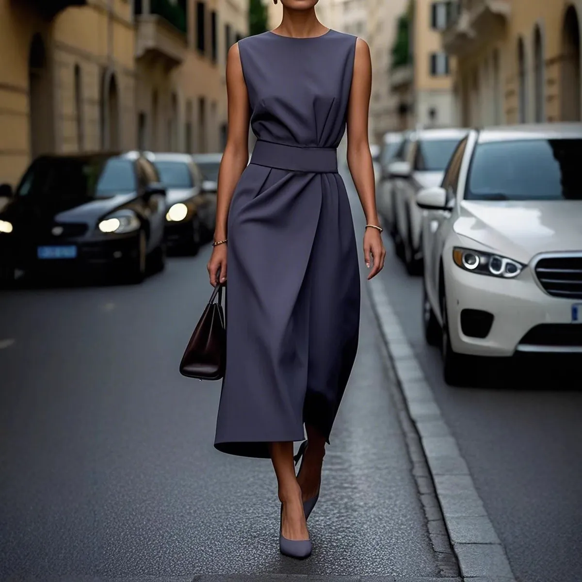 Women Casual Solid Color Round Neck Sleeveless Irregular Midi Dress