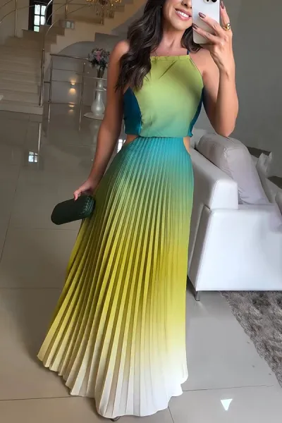 Women Fashion Sexy Gradient Pleated Sleeveless Backless Loose Maxi Dress