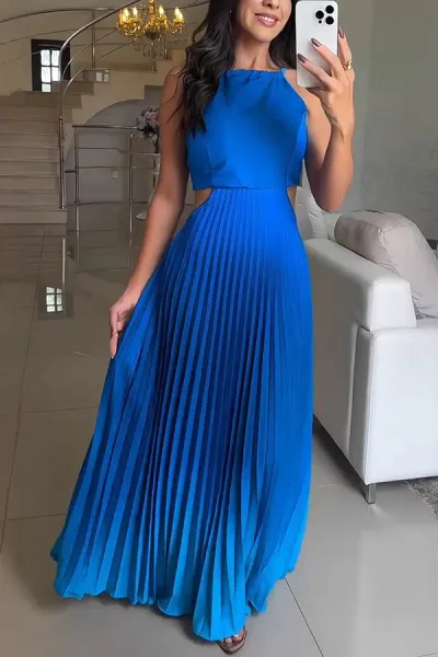 Women Fashion Sexy Gradient Pleated Sleeveless Backless Loose Maxi Dress