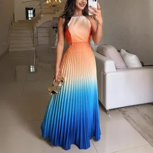 Women Fashion Sexy Gradient Pleated Sleeveless Backless Loose Maxi Dress
