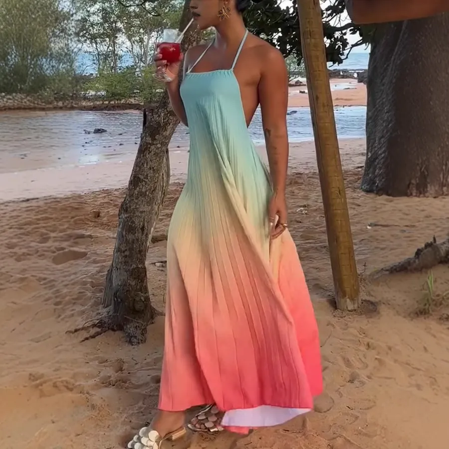 Women Fashion Sexy Gradient Halter-Neck Backless Lace-Up Loose Maxi Dress