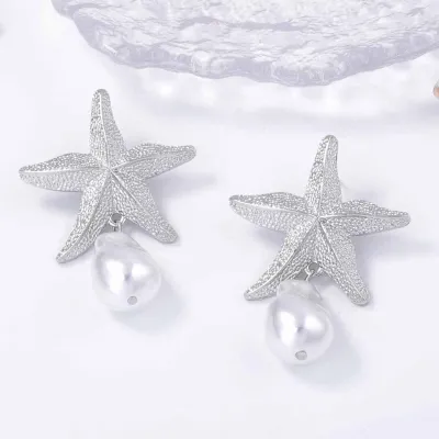 Women Fashion Casual Vacation Alloy Starfish Imitation Pearl Pendant Earrings