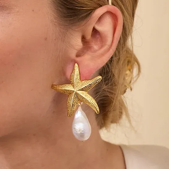 Women Fashion Casual Vacation Alloy Starfish Imitation Pearl Pendant Earrings