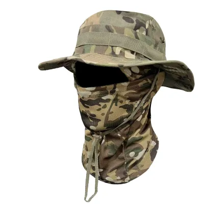 Men's Camouflage Round Brimmed Face Mask Drawstring Windproof Boonie Hat