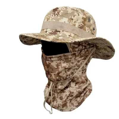 Men's Camouflage Round Brimmed Face Mask Drawstring Windproof Boonie Hat