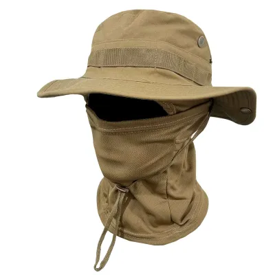 Men's Camouflage Round Brimmed Face Mask Drawstring Windproof Boonie Hat