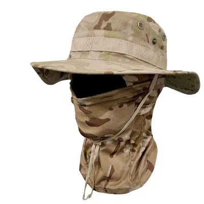 Men's Camouflage Round Brimmed Face Mask Drawstring Windproof Boonie Hat