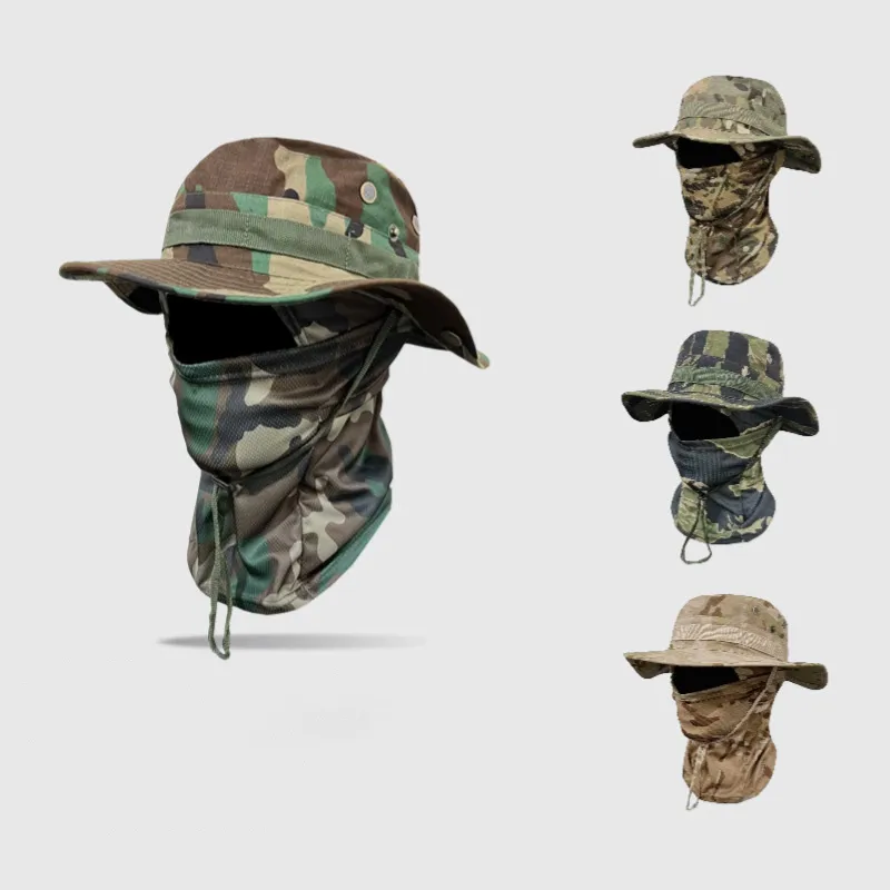 Men's Camouflage Round Brimmed Face Mask Drawstring Windproof Boonie Hat