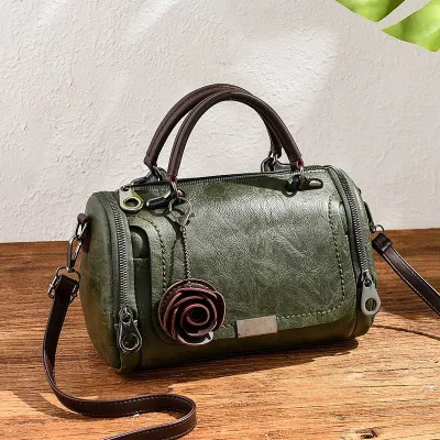 Women Fashion Retro Solid Color Small Flower Pendant PU Handbag