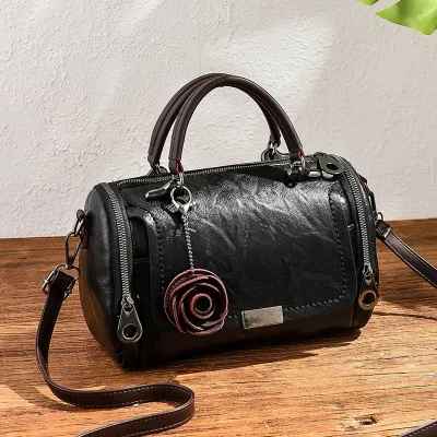 Women Fashion Retro Solid Color Small Flower Pendant PU Handbag