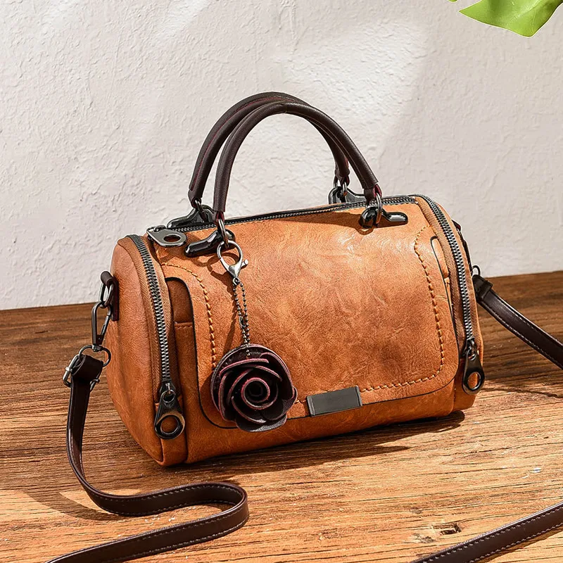 Women Fashion Retro Solid Color Small Flower Pendant PU Handbag