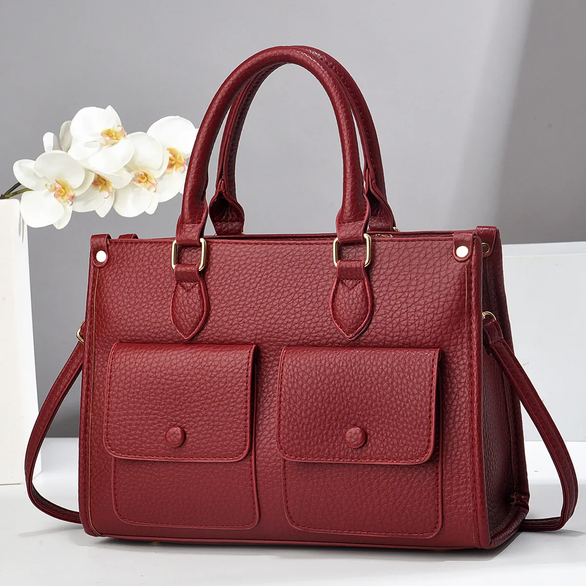 Women Urban Simplicity PU Leather Tote Handbag Large Capacity Double Pocket