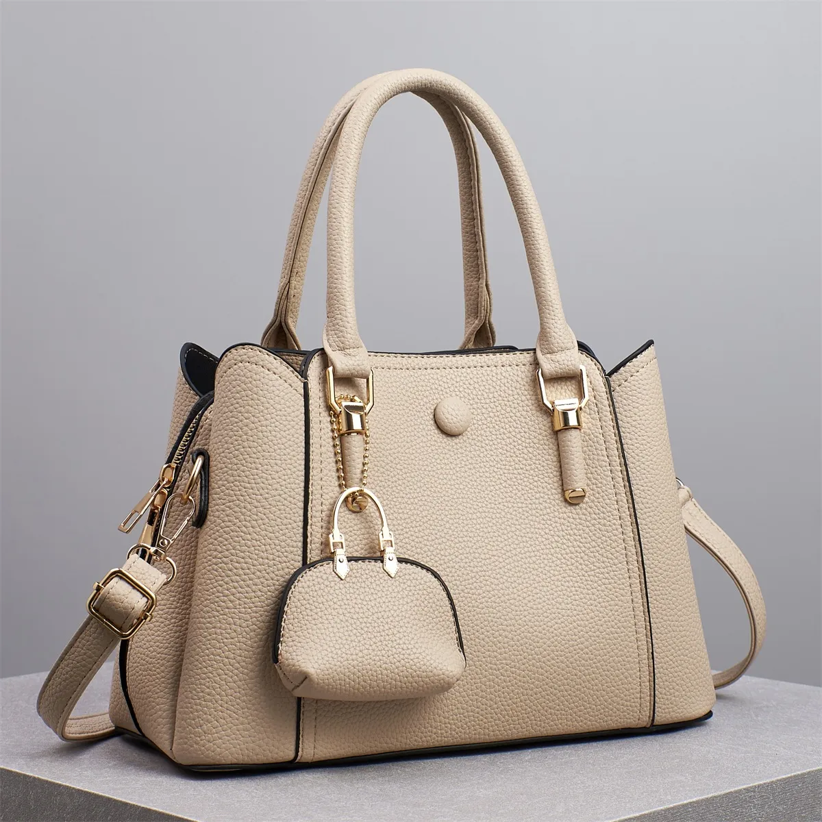 Women Fashion Casual Solid Color Large Capacity PU Tote Handbag with Zipper