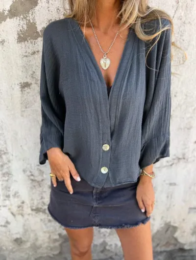 Women Casual Cotton Linen Solid Color V-Neck Long-Sleeve Loose Blouse