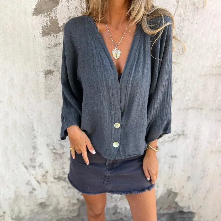 Women Casual Cotton Linen Solid Color V-Neck Long-Sleeve Loose Blouse