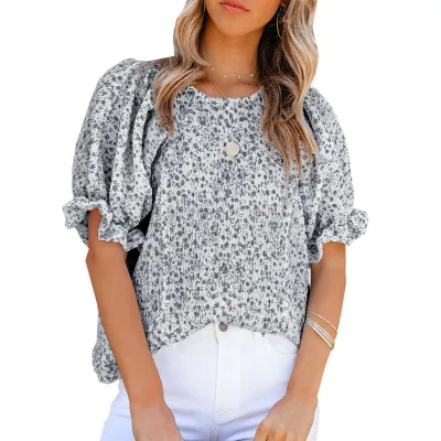 Women Fashion Chiffon Floral Printed Round Neck Short Puff Sleeve Blouse