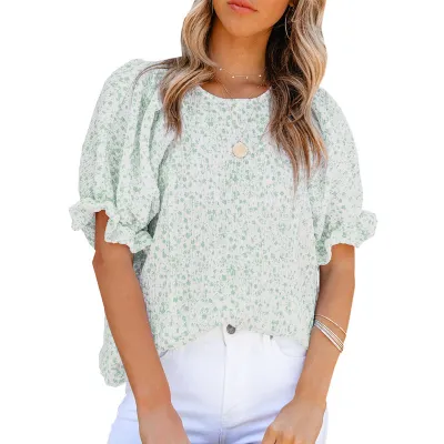 Women Fashion Chiffon Floral Printed Round Neck Short Puff Sleeve Blouse