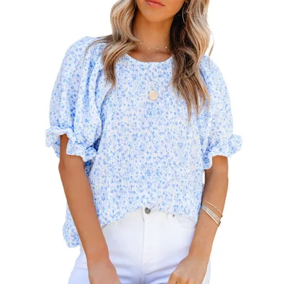 Women Fashion Chiffon Floral Printed Round Neck Short Puff Sleeve Blouse