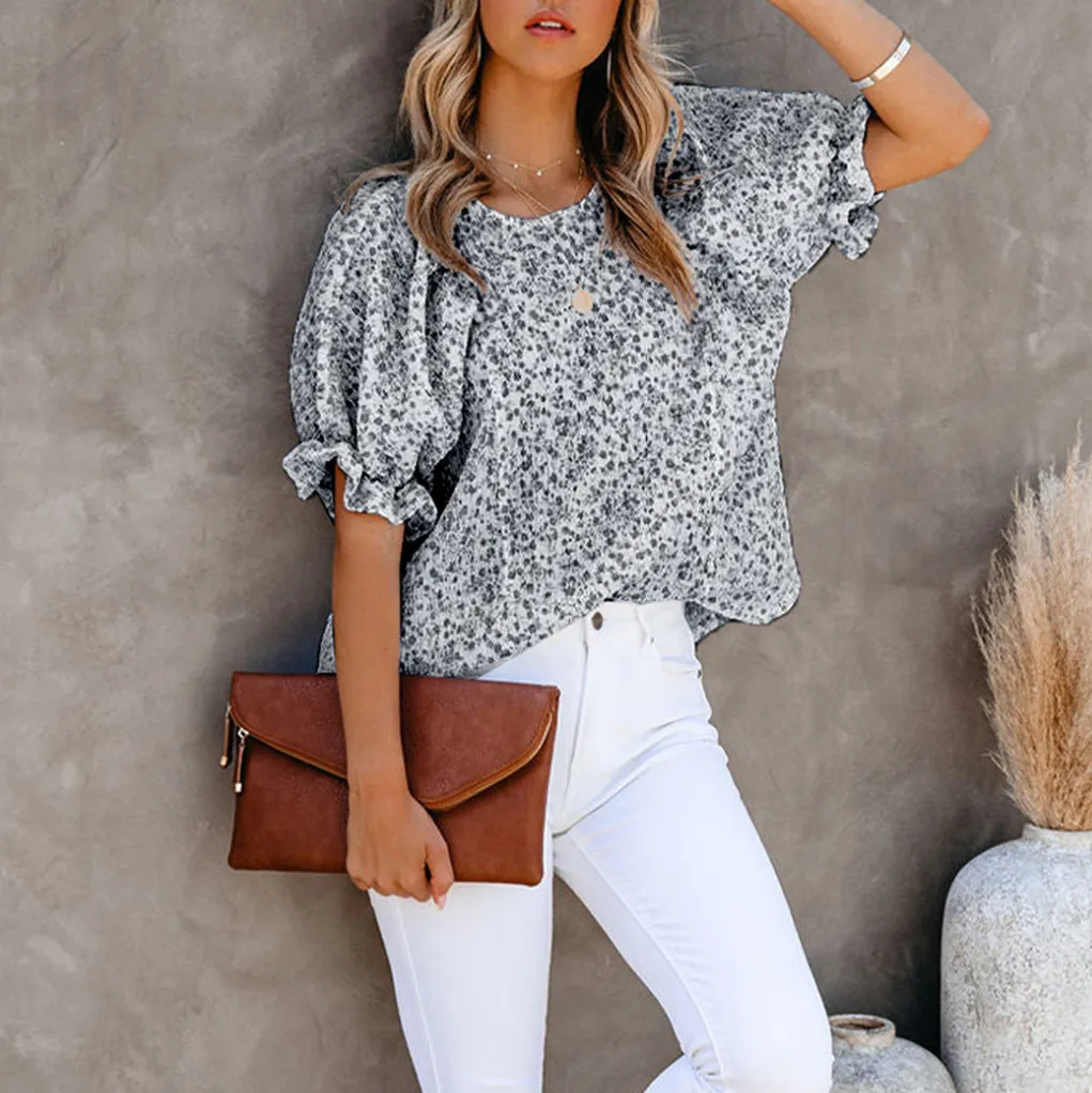 Women Fashion Chiffon Floral Printed Round Neck Short Puff Sleeve Blouse