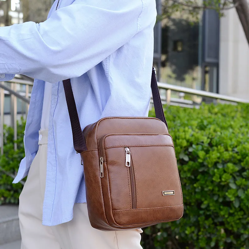 Men Fashion Casual Business PU Crossbody Bag Street Trend Solid Color 8 Inches