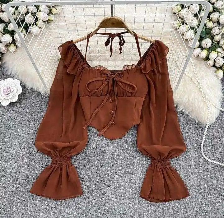 Women Sexy Solid Color Irregular Off-Shoulder Horn Sleeve Slim-Fit Blouse