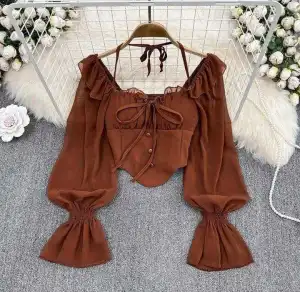 Women Sexy Solid Color Irregular Off-Shoulder Horn Sleeve Slim-Fit Blouse