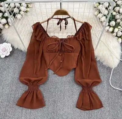 Women Sexy Solid Color Irregular Off-Shoulder Horn Sleeve Slim-Fit Blouse