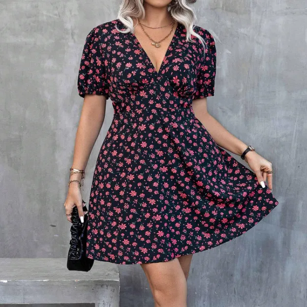 Women Plus Size Floral Printed V-Neck Lantern Sleeve Casual Loose Dress