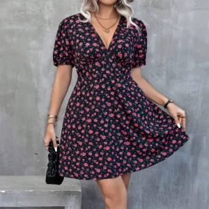 Women Plus Size Floral Printed V-Neck Lantern Sleeve Casual Loose Dress