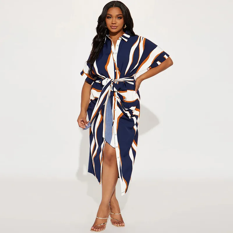 Women Plus Size Stripe Lapel Short Sleeve Lace-Up Midi Dress