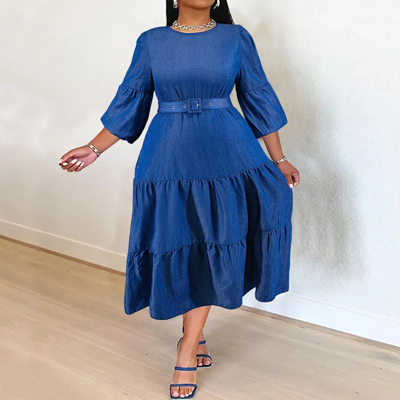 Women Plus Size Denim Pleated Midi Dress Loose Fit Lace-Up