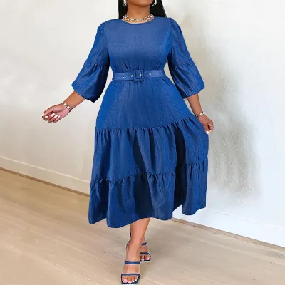 Women Plus Size Denim Pleated Midi Dress Loose Fit Lace-Up