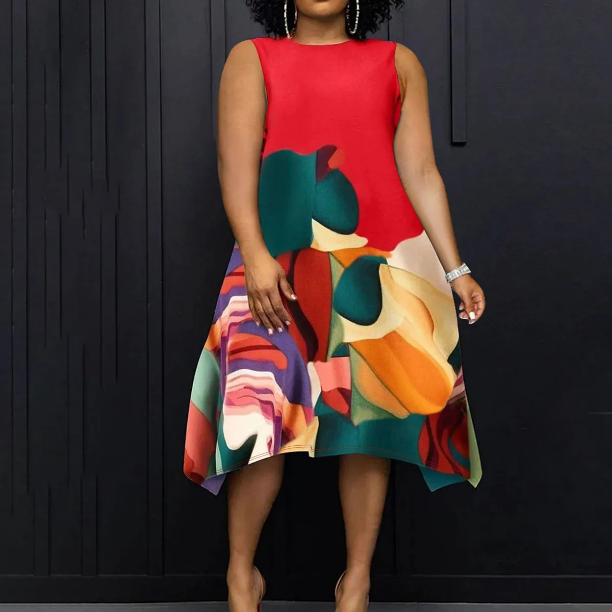 Women Plus Size Casual Printed A-Line Midi Dress Sleeveless Round Neck Loose Waist