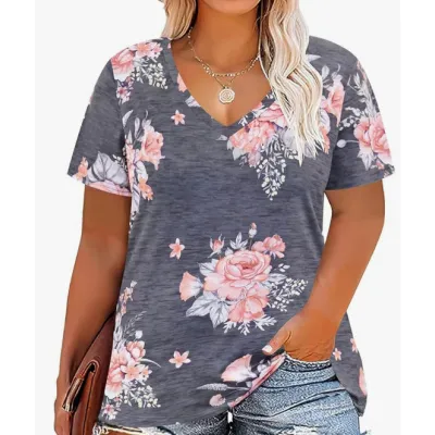 Women Casual Plus Size 3D Printed V-Neck Short-Sleeve T-Shirt