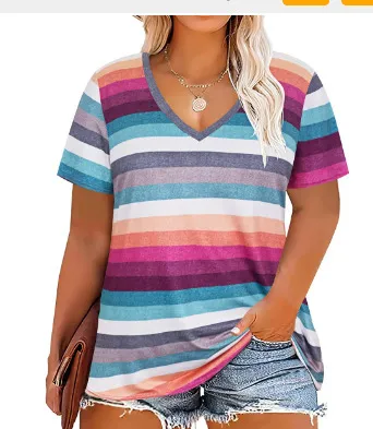 Women Casual Plus Size 3D Printed V-Neck Short-Sleeve T-Shirt