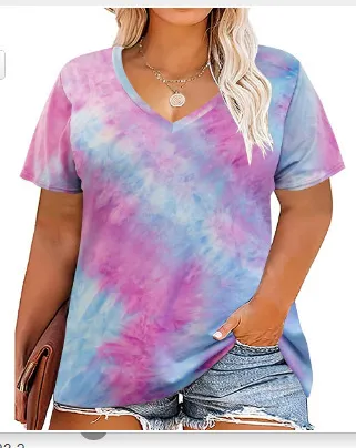 Women Casual Plus Size 3D Printed V-Neck Short-Sleeve T-Shirt