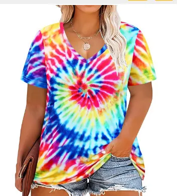 Women Casual Plus Size 3D Printed V-Neck Short-Sleeve T-Shirt