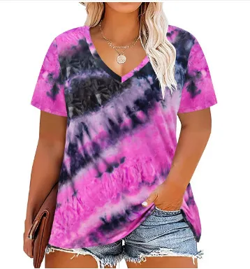 Women Casual Plus Size 3D Printed V-Neck Short-Sleeve T-Shirt